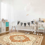 Orange Bohemian Rectangular Area Rugs for Living Room Bedroom 5 x 6.9 ft Vintage Farmhouse Floral Pattern Non-Shedding Soft Low Pile Rug Non Slip Washable Rug for Nursery Entryway Playroom