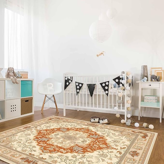 Orange Bohemian Rectangular Area Rugs for Living Room Bedroom 5 x 8 ft Vintage Farmhouse Floral Pattern Non-Shedding Soft Low Pile Rug Non Slip Washable Rug for Nursery Entryway Playroom