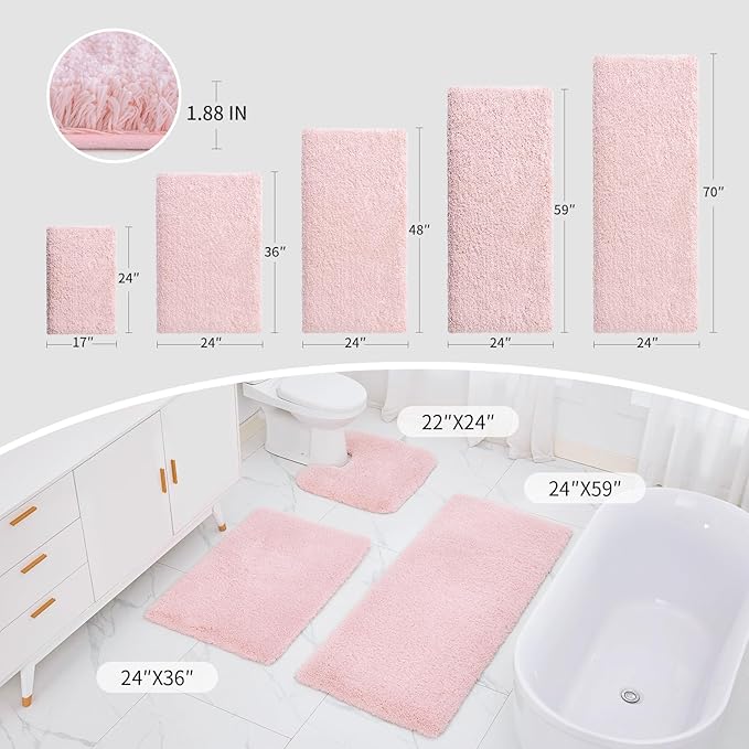 Bathroom Rugs 24x48 Non Slip Pink Fluffy Bath Mat for Bathroom Floor Washable Plush Luxury Bath Rug for Tub Soft Shaggy Absorbent Shower Sink Mat