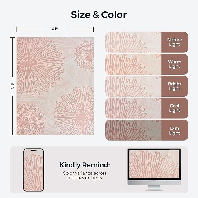 WITSHOCK Pink Rugs 6x9 for Bedroom Girls,Floral Modern Distress Print Pattern Carpet for Living Room Dining Room,Stain Resistant Anti Slip Backing Rugs for Kids Room Nursery Playroom,Light Pink