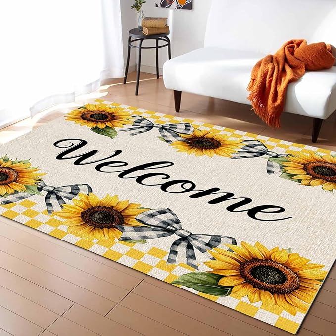 Summer Sunflowers Rectangular Welcome Area Rugs for Living Room Bedroom 5 x 8 ft Bow Tie Plaids Non-Shedding Soft Low Pile Rug Rustic Linen Non Slip Washable Rug for Nursery Entryway Playroom