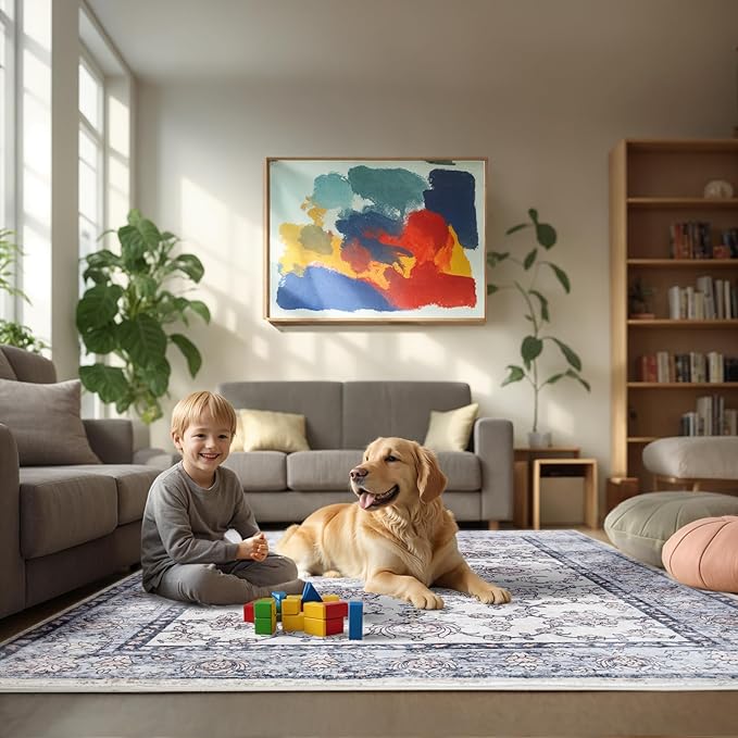 Area Rug for Living Room, 9x12 Machine Washable Non Slip Large Faux Wool Throw Rug, 0.3″ Low Pile & Non-Shedding Boho Large Carpet Rugs for for Dining Room, Bedroom, Office (Gray Purple)