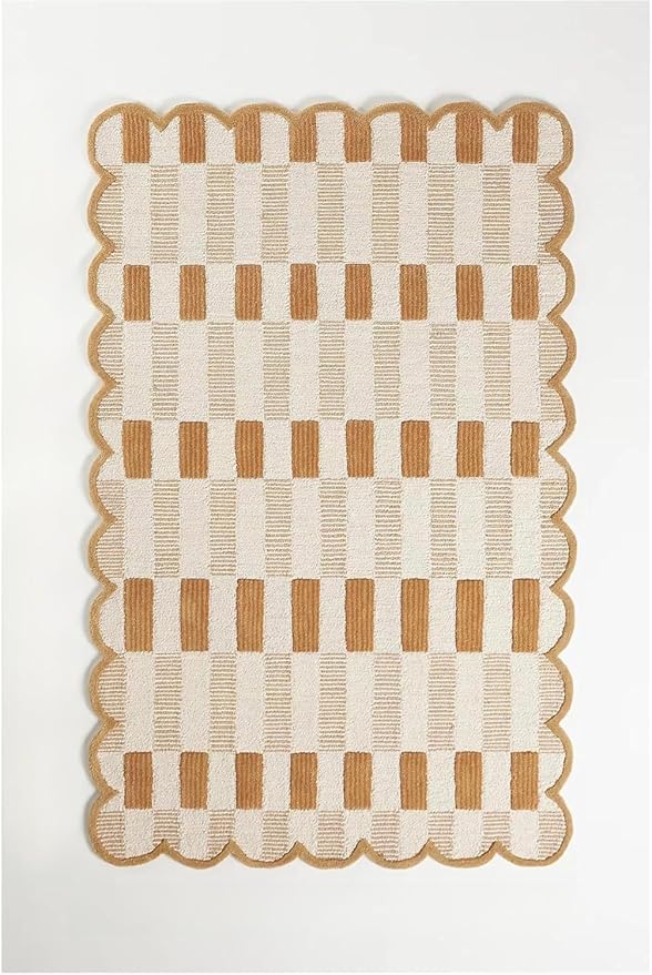 Hand-Tufted Wool Rug with Scalloped Edges, Light Blue Plaid Pattern, Cozy Soft Area Rug for Living Room, Bedroom, and Nursery, Handmade Modern Accent Rug (Neutral, 5X7 FEET)