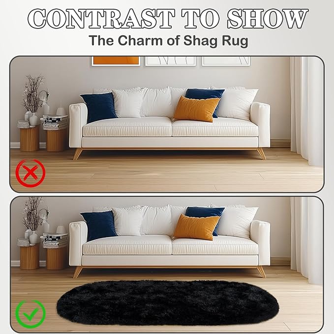 Soft Fluffy Area Rug for Bedroom, Black Fuzzy Shaggy Oval Throw Rugs for Bedside, Non-Slip Cozy Plush Shag Carpet for Kids Room Nursery Dorm Living Room, 2.6 x 5.3 Feet