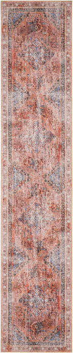 Phantoscope Washable Runner Rug 2'x10' Non-Slip, Vintage Neutral Fall Hallway Rugs for Entryway, Stair, Bedroom, Distressed Boho Medallion Pattern, Low-Pile Foldable Floor Carpet, Rust Orange