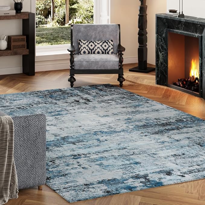 Area Rug 4x6 Washable Rug Blue for Living Room, Dining Room, Bedroom, Large Carpets, Non Slip & Non-Shedding Low Pile Vintage Print Rug for Home Office Decor
