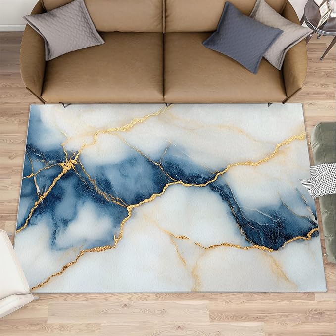 8x10 Abstract Marble Rugs for Living Room - Blue-White-Marble Large Area Rug, Luxury Stone Pattern Modern Boy Nursery Rug Soft Washable for Classroom Office Bedroom Kids Room