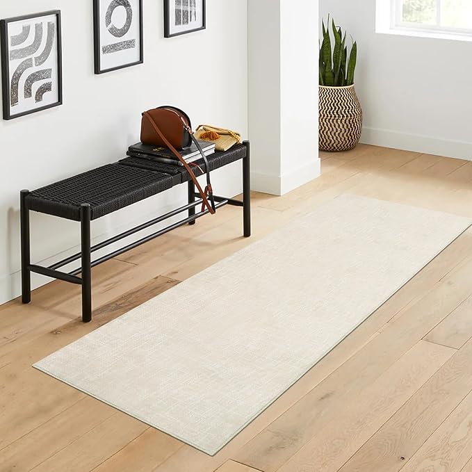 RUGSREAL 2x6 Runner Rug Washable Kitchen Runner Rug Modern Abstract Runner Mat for Hallway Contemporary Solid Rug Non-Slip Foldable Aesthetic Accent Floor Carpet for Living Room Bedroom, Cream