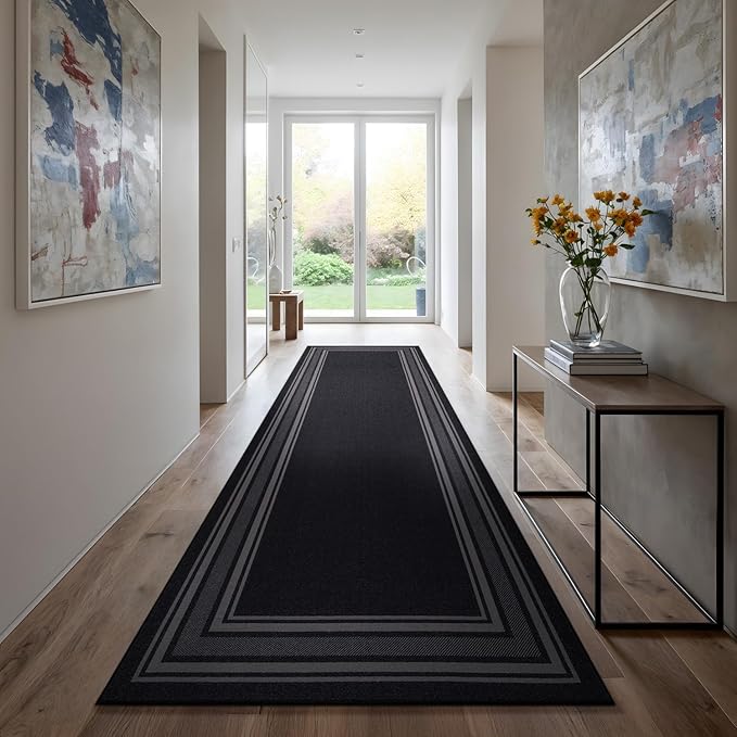 Beverly Rug Non Slip Area Rugs 2x5 Modern Bordered Non Skid Rubber Backing Soft Runner Rug for Living Dining Room Easy to Clean Non Shedding Kitchen Bedroom Indoor Carpet 2 x 5 Black