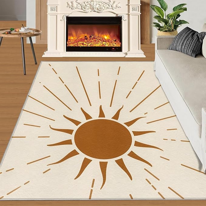 Boho Sun Area Rugs 4x6ft, Radiant Sunburst Carpet for Bedroom, Geometric Solar Rug for Living Room Easy to Clean for Indoor Outdoor Hardwood Floors Home Decor