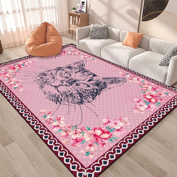 Cartoon Animal Pattern Area Rug Cute Cat Luxury Floral Decor for Carpet Farmhouse Bedroom Living Room Rugs Bathroom Kitchen Runner Mat Indoor Outdoor Non Slip Doormat 4.2' X 6.2'
