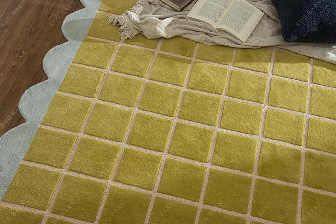 Checkered Wool Area Rug with Scalloped Border, Chartreuse Green & Cream Grid, Hand-Tufted, Soft Cut Pile, Modern Cottagecore Living Room, Bedroom & Nursery Carpet - 2x3 Ft
