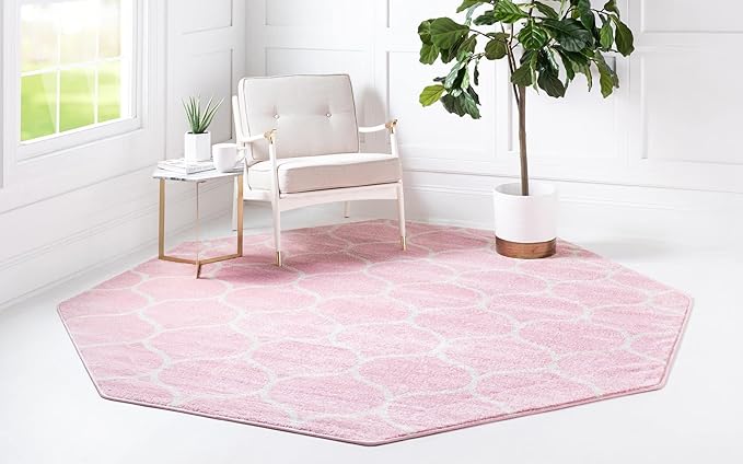 Rugs.com Lattice Frieze Collection Rug – 7' 10 Octagon Light Pink Medium Rug Perfect for Living Rooms, Kitchens, Entryways