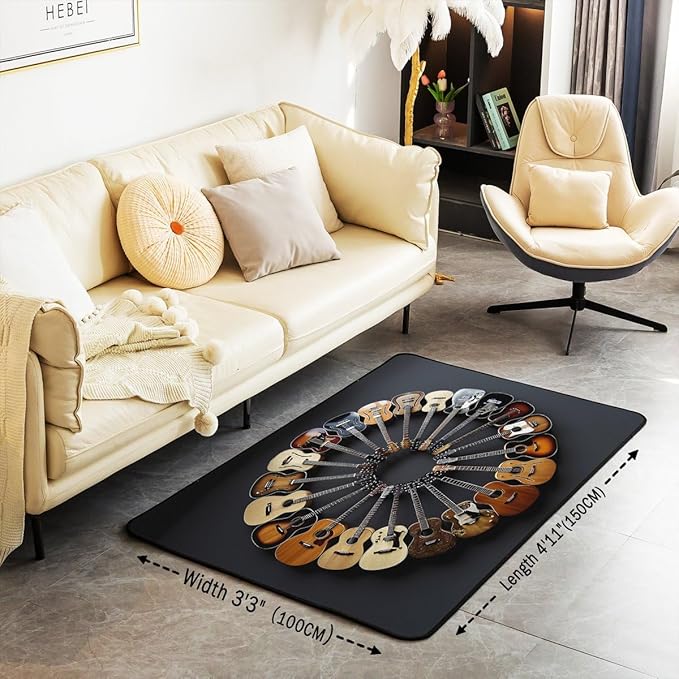 Round Guitar Area Rug 3x5 Musical Instruments Rugs for Living Room | Music Notes Modern Rock Washable Rug, Grunge Hip Hop Carpet Indoor Floor Mat