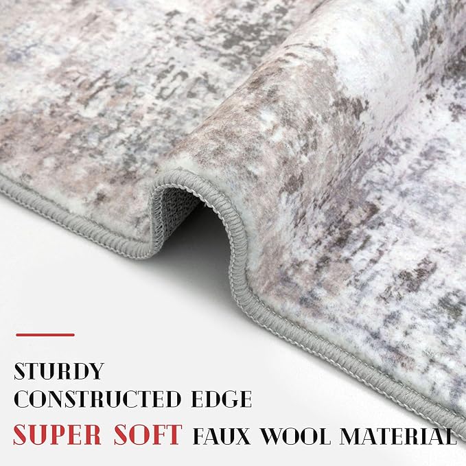 Abstract Runner Rug 2x6 Washable Runners for Hallways, Soft Kitchen Runner Rug Non-Slip, Beige Grey Thin Print Faux Wool Floor Carpet Rug Runner for Entryway Hall Bedroom Laundry Room Indoor