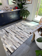 Cowhide Leather Rug for Living Room 8x10, Modern Stripes Style Floor Carpet, Dark Grey Area Rug for Home Decor