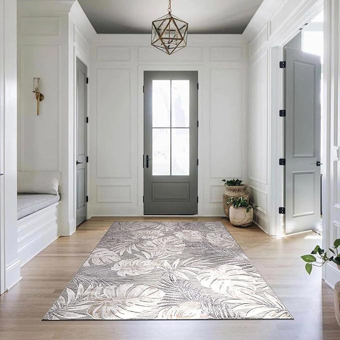 CAMILSON Indoor Outdoor Rug, Beige 10’x14’ Leaf Tropical Botanical Area Rugs for Indoor and Outdoor patios, Easy-Cleaning Non-Shedding Living Room, Garden and Kitchen Washable Outside Carpet (10x14)