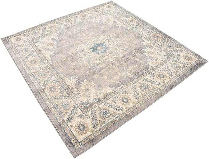 Unique Loom Salzburg Collection Classic Traditional Design Oriental Inspired Border Area Rug (5' 0 x 5' 0 Square, Gray/Beige)