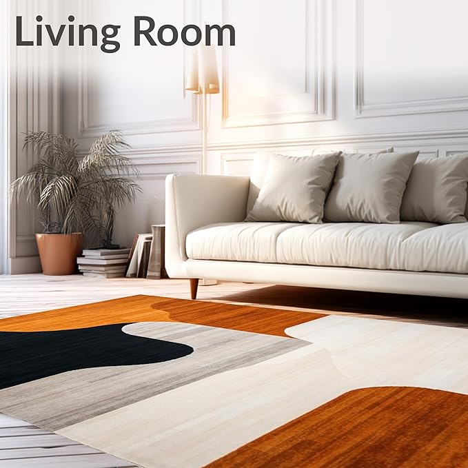 Flatwoven High Traffic Area Rug 5x7, Black Orange Abstract Geometric Shape, Non Slip, Stain Resistant, Washable Area Rugs for Living Room, Bedroom (Orange, 5x7)