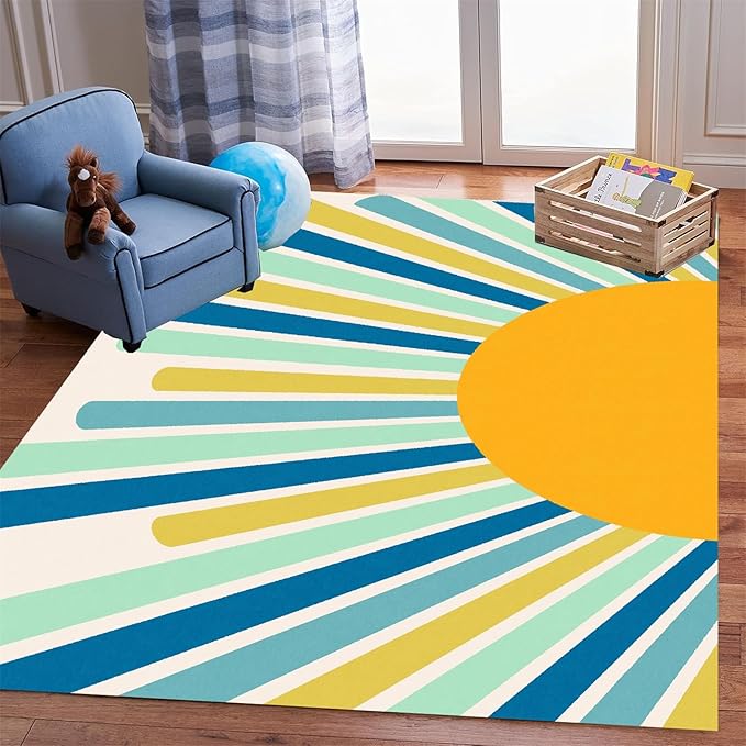 Rainbow Sun Area Rug,5x7ft,Boho Geometric Print Rug, Modern Mid-Century Colorful Rug for Kids Girls Boys Bedroom, Living Room, Classroom, Office Non-Slip Washable