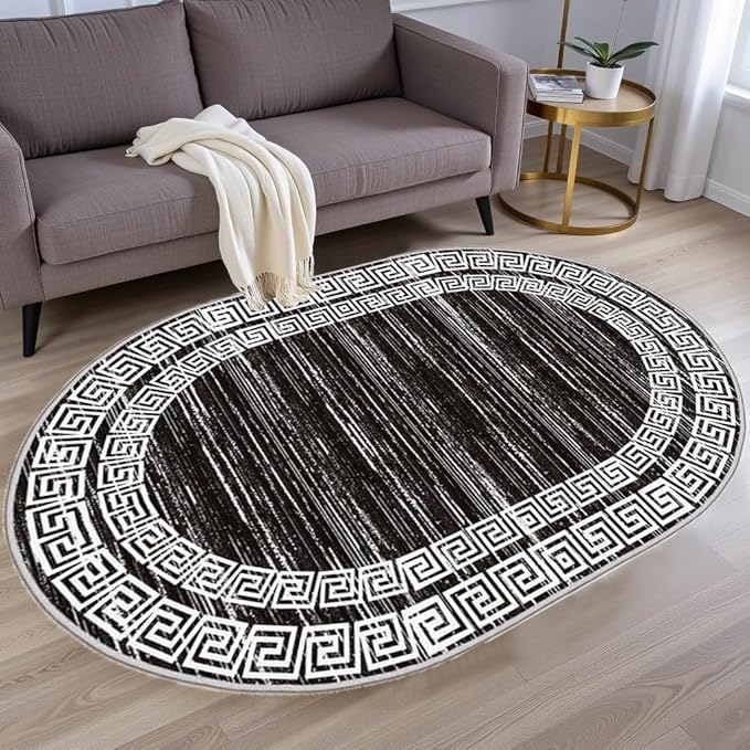 Minimalist Distressed Black Off White Greek Key Pattern Bordered Rug 8x10 for Liivng Room Bedroom Dining Room Soft Non Skid Washable Large Rugs Nursery Dorm Kitchen Rustic Classic Indoor Oval Carpet
