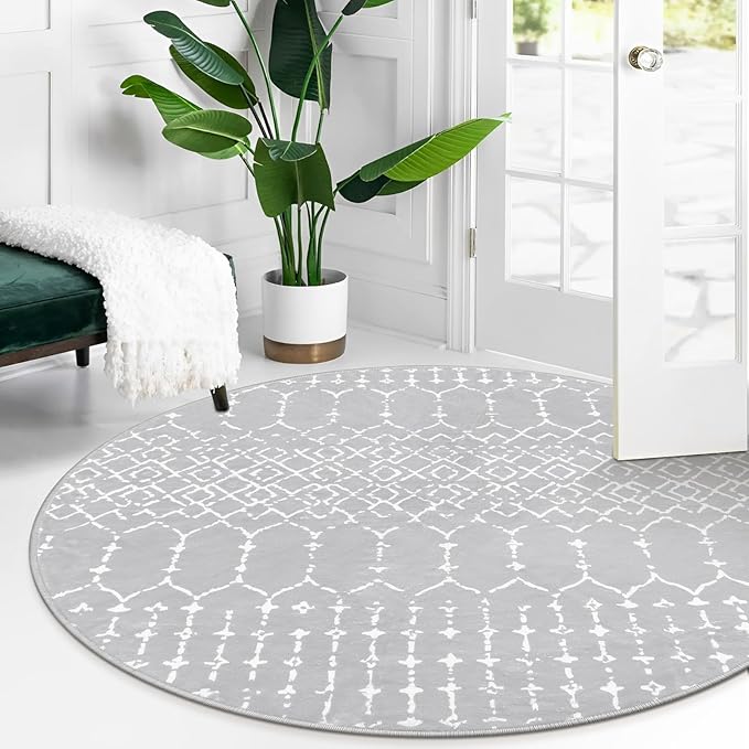 Lahome Moroccan Washable Round Rug 4Ft Round Area Rugs for Bedroom Non-Slip Grey Stain Resistant Round Kitchen Rug, Modern Geometric Print Indoor Floor Circle Carpet for Entryway Living Room Sofa