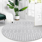 Lahome Moroccan Round Washable Rug 3Ft Small Circle Soft Non-Slip Grey Bathroom Rug, Stain Resistant Low Pile Entryway, Modern Geometric Print Indoor for Kitchen Sofa Doorway