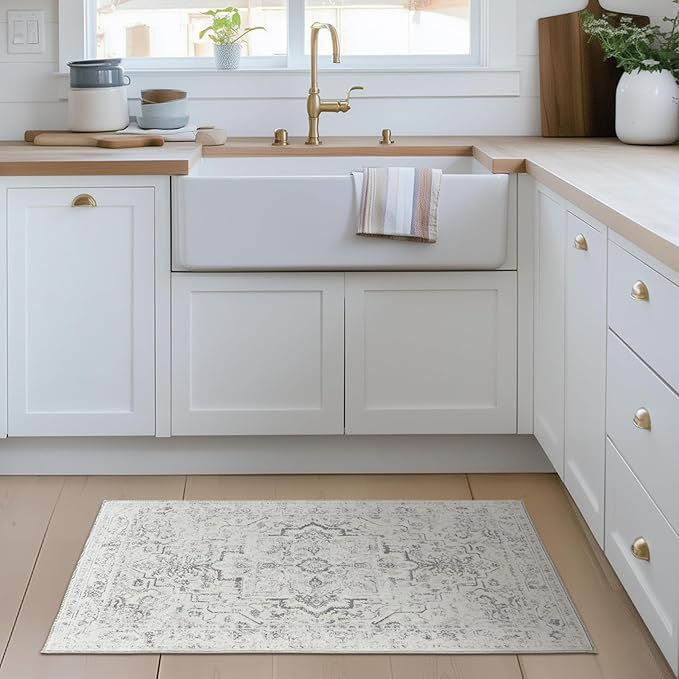 Distressed 2x3 Kitchen Rugs Washable Non Slip, Transitional Farmhouse Door Mat Indoor Entrance Entryway, Small Low Pile Rugs for Bedroom/Bathroom Vanity/Laundry Room, Off White/Light Grey