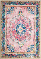 Boho Rug 3x5 Pink Small Area Rug Washable Vintage Rug for Kitchen Living Room Bedroom Bathroom Office Low Pile Non Slip Indoor Floor Carpet