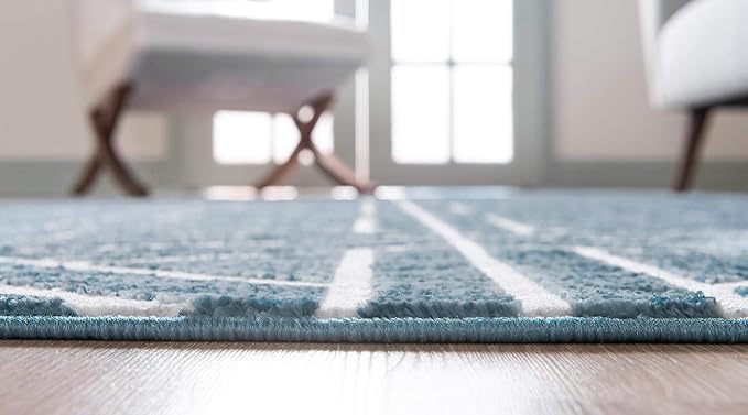 Rugs.com Lattice Trellis Collection Rug – 10 Ft Runner Blue Low-Pile Rug Perfect for Hallways, Entryways
