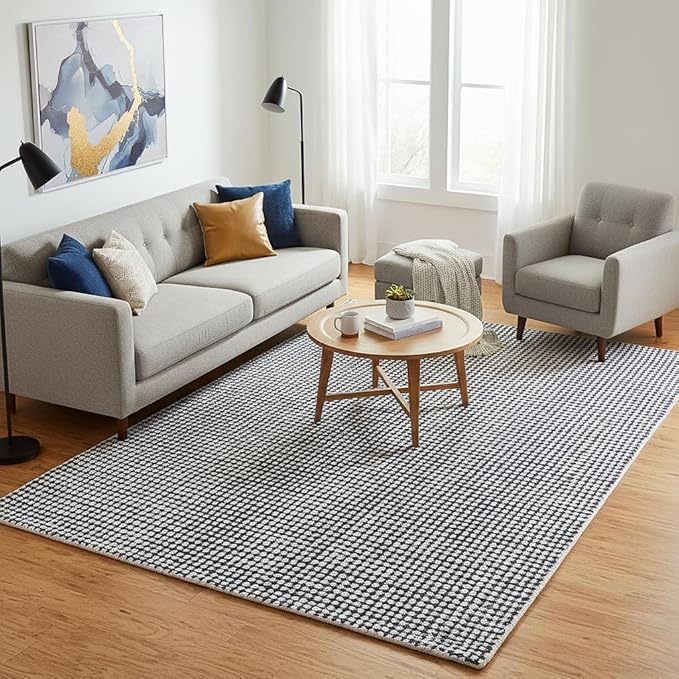 Hand-Tufted 100% Wool Pile Area Rug – Geometric Textured Grid Check Pattern – Thick and Durable Floor Carpet for Bedroom, Living Room, Kids Room, and Dining Area (Charcoal Gray, 6' x 6')