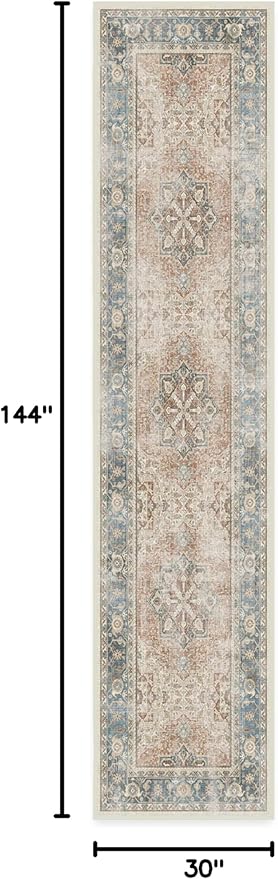 RUGGABLE Washable Vintage Runner Rug – Kamran Coral 2.5x12, Stain-Resistant, Non-Slip Hallway Runner – Machine Washable Rug for Hallway, Entryway, Living Room & Kitchen–with Standard Pad