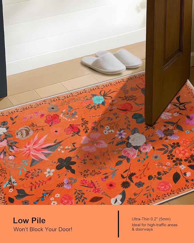 Boho Floral Entryway Rug 2x3, Washable Small Mat for Bathroom and Kitchen, Non Slip Front Door Mat Indoor Entrance, Vintage Style Flower Mat with Rubber Backing, Soft Area Rug for Entry Way (Orange)