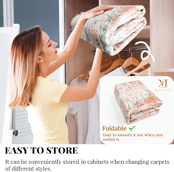MUJOO Boho Rug 4'x6.5' Area Rugs for Bedroom Living Room Dining Room Small Rugs Machine Washable Carpet for Office Dorm Bedside Kitchen Laundry Room Accent Soft Low-Pile Floral Orange