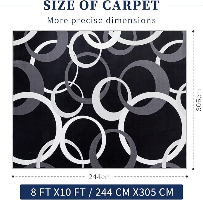 YIHOUSE 8x10 Ft Area Rugs, Concentric Circle Carpet Washable Rug, Black and White Geometric Design Rug for Grand Rooms, Master Bedrooms, Dining Room, Nursery, Home Office Decor, Nonslip Non-Shedding