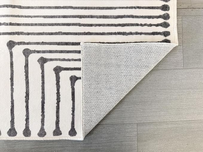 GLN Rugs Contemporary Collection - Machine Washable Area Rug, Contemporary Washable, Non Slip, Low Pile Chenille Rug, Living Room, Bedroom, Kitchen Rug (6' x 9' Black Beige)