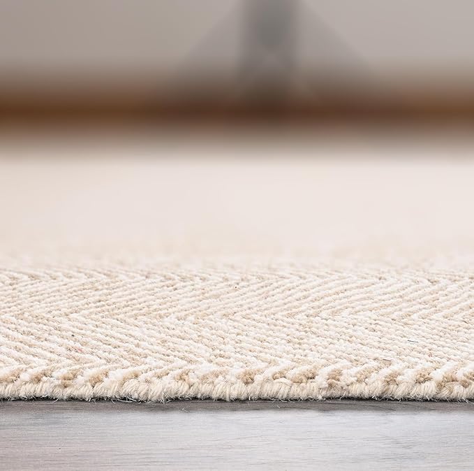 Modern Herringbone Chevron Collection Handcrafted Wool Area Rug - Durable, Zigzag Pattern, for High Traffic, Contemporary Design for Living Room, Bedroom, Dining Room Decor (Sand Beige, 10' x 10')