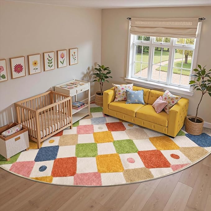 jinchan Macy Kids Rug for Classroom 8ft Radius Corner Washable Area Rug Modern Colorful Quarter Circle Rug Soft Non-Slip Carpet for Nursery Playroom Daycare Reading Nook Living Room Circus on Cream