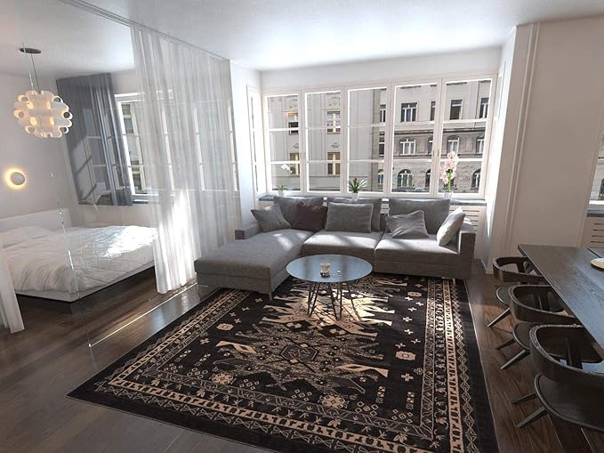 Unique Loom Taftan Collection Border Geometric Tribal Inspired Design Area Rug (9' 0 x 12' 0 Rectangular, Black/ Gray)
