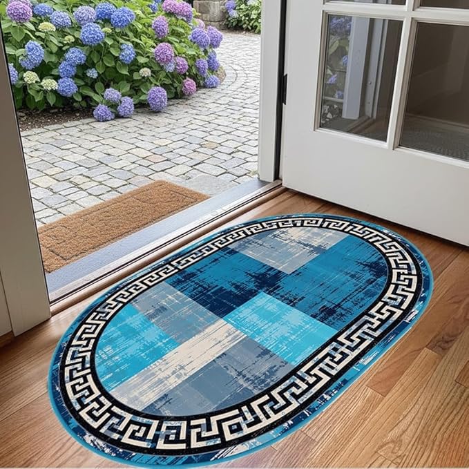 Blue Grey Black Greek Key Pattern Bordered Design Large Carpet for Living Room Bedroom Dining Room Soft Non Slip Low Pile Area Rug 6x8 Farmhouse Doormats Vintage Distressed Home Office Oval Rugs
