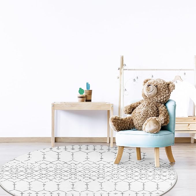 Lahome Moroccan Round Rugs 4Ft Washable Non-Slip Small Round Area Rug for Bedroom Soft White Low-Pile Round Throw Rug, Modern Geometric Print Indoor Circle Rugs for Kitchen Living Room Sofa Nursery