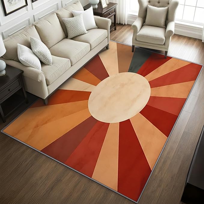 70s Rugs for Living Room - 2x3 ft, Retro Sun Rug, Mid Century Sun Area Rug, Red and Orange Washable Door Mat for Entryway, Kitchen, Boho Retro 70s Home Decor & Gifts