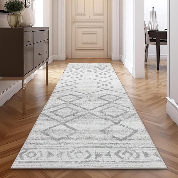 jinchan Hallway Runner Rug 3x10 - Moroccan Kitchen Machine Washable Runner Rug Modern Geometric Soft Faux Wool Ultra-Thin Low-Pile Non-Slip Carpet for Laundry Room Bedroom Farmhouse (3x10ft, Grey)