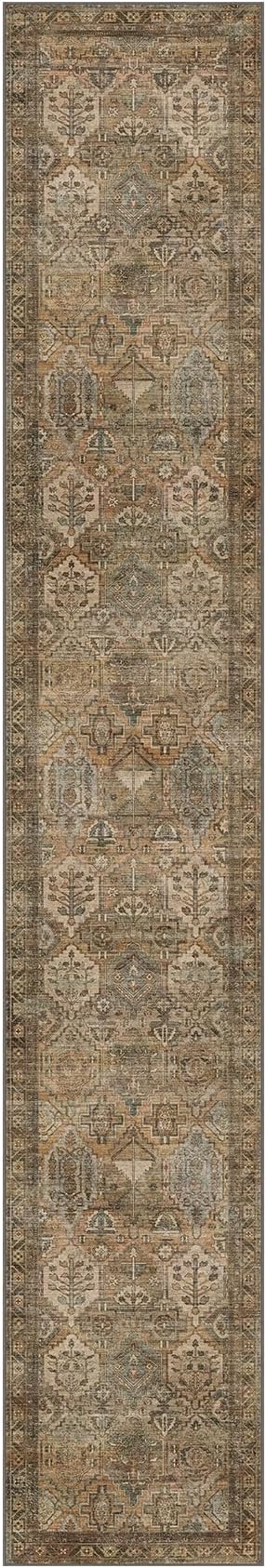 Bavni Runner Rug 2x12 Kitchen Rugs for Hallways Entryway, Washable Vintage Print Carpet, Ultra-Thin Chenille Low Pile Lightweight Rug with Non Slip Backing, Warm Taupe