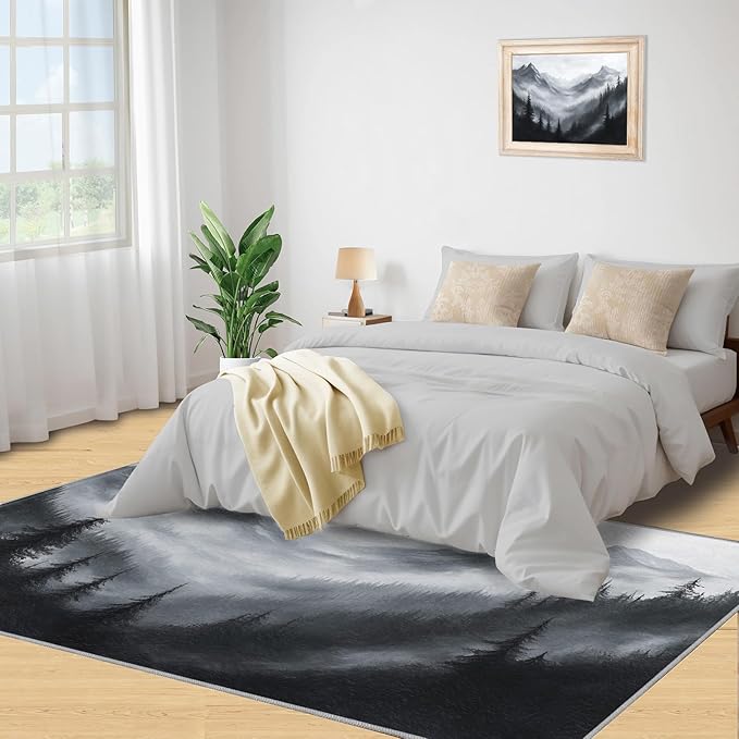 Misty Forest Rugs for Bedroom - 3x4 Area Rug - Modern Black White Art Rugs for Living Room, Natural Landscape Rug, Washable Home Decor Carpet
