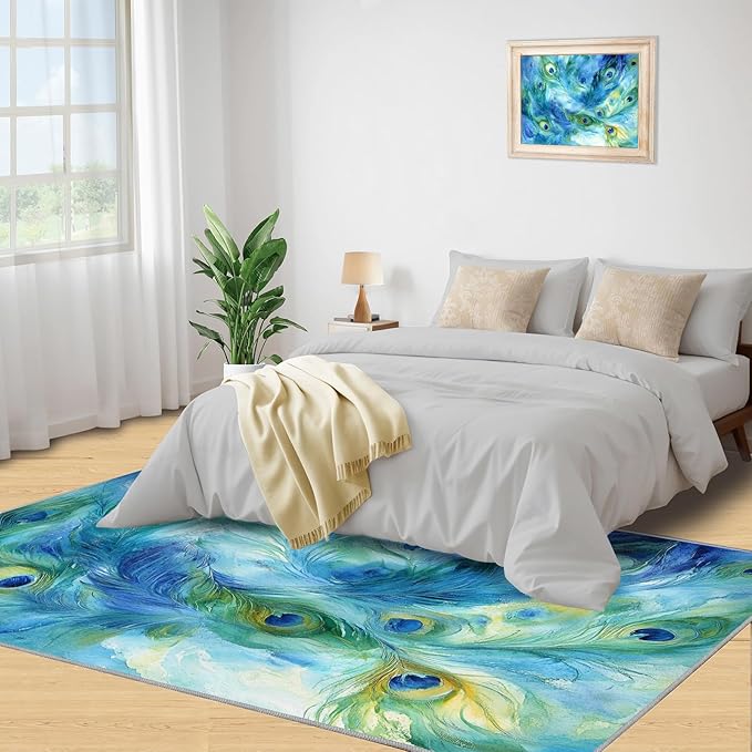 Peacock Feather Rug 3x5-3x5 Rug, Teal Turquoise Area Rugs for Bedroom, Malachite Green Feather Rugs for Living Room, Peafowl Washable Mat, Peacock Feather Carpet - Peafowl Home Decor & Gifts
