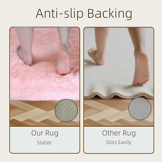 4x6 Solid Fluffy Pink Area Rug – Washable, Durable, Living Room Rug, Non-Slip High Pile Shag Rugs for Bedroom, Living Room, Bedside, Dorms, Nursery Rooms, Kids Room, Soft Indoor Floor Carpet