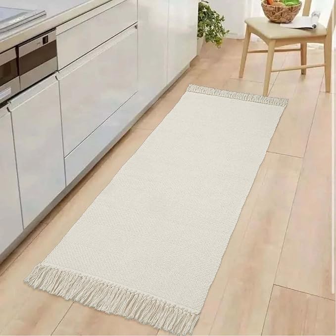 Collive Kitchen Runner Rug, 2' x 4.3' Hand-Woven Reversible Washable Rug, White/Beige Cotton Modern Farmhouse Bathroom Rug Hallway Carpet for Foyer Bedroom Entry Back Door Decor