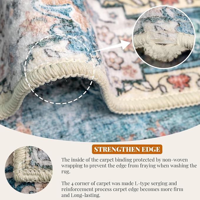 MUJOO 5'x7' Area Rugs Teal Machine Washable Rugs Living Room Rugs Boho Rug for Bedroom Laundry Room Kitchen Non Slip Carpet Abstract Soft Low-Pile Blue Floral