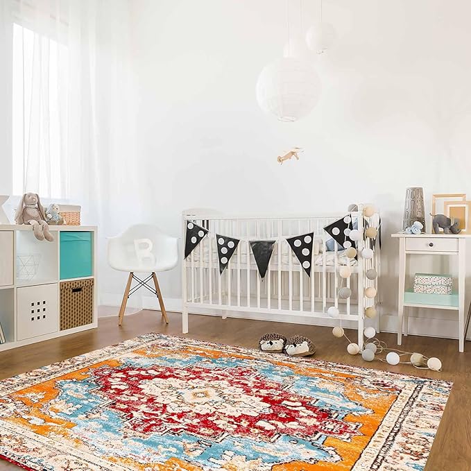 Bohemian Pattern Rectangular Area Rugs for Living Room Bedroom 2.8 x 5 ft Red & Orange Abstract Non-Shedding Soft Low Pile Rug Non Slip Washable Rug for Nursery Entryway Playroom